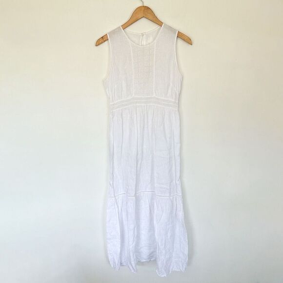 120% Lino Women’s White Crochet Bib Detail Sleeveless High Neck Keyhole Back Mid - Picture 2 of 14